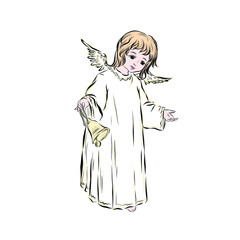 Angel prays to God. Divine heavenly symbol of the guardian angel of man. Character from Bible, Gospel. Design for Christmas and Easter. Adorable child with wings isolated on white background.