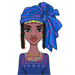 Animation portrait of a young African woman in a blue turban and ethnic jewelry. Template for use.  Vector illustration isolated on white background.