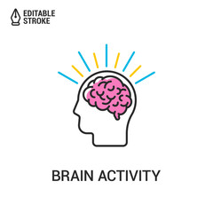 Human Brain in Head. Vector Outline Icon with Editable Strokes isolated on white background