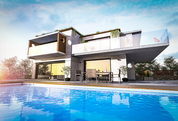 Projet de maison 3D d'architecte moderne et contemporaine avec une magnifique piscine