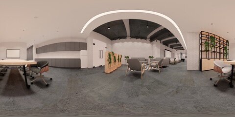 3d illustration spherical 360 vr degrees, a seamless panorama of the room and  office meeting room . interior design 3D rendering.reception in a modern panoramic office. - obrazy, fototapety, plakaty