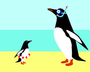 vectorial illustration of penguins on the beach, snorkel sea mask , sea ​​armrests 