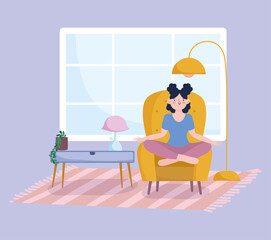 stay at home, girl meditation yoga on chair in the room, self isolation, activities in quarantine for coronavirus