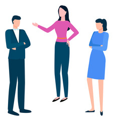 Fototapeta premium Man and woman colleagues, teamwork cooperation, group of people speaking. Portrait and full length view of workers discussing, employee character vector