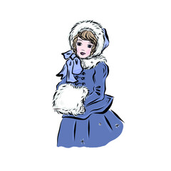 Little girl in warm winter fur coat in vintage style. Beautiful young lady warms her hands in fur clutch. Cute lovely character for Christmas retro greeting card, book illustration. Winter vacation