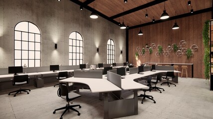 Interior Empty Modern Loft Office open space modern office footage.Modern open concept Lobby and reception area meeting room design.4k .Rendering 3d.