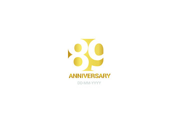 89 year anniversary, minimalist logo. Tenth years, jubilee, greeting card. Birthday invitation. year sign. Gold space vector illustration on white background - Vector