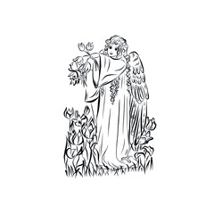 Angel with flowers. Coloring book with symbol of god of man. Happy baby. Concept of resurrection of Jesus Christ. Christmas, Easter design. 