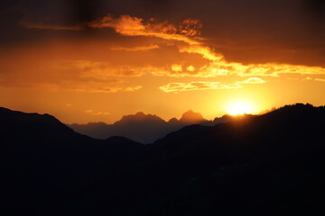 beautiful sunset on the mountains with view to the wilder kaiser in tirol austria