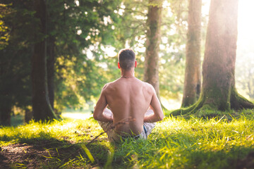 Naklejka na ściany i meble Young man doing yoga in the forest.