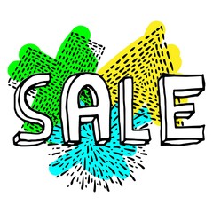 Sale. Lettering with colorful abstract shapes on the background.