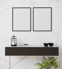 3d rendering of a modern mockup interior with two black frame on a marble sideboard and console with plant