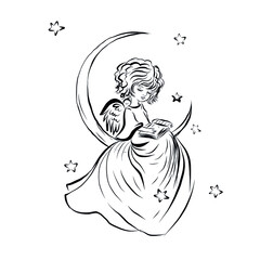Angel baby reads book sitting on the moon. Coloring book with symbol of god of man. Happy baby. Concept of resurrection of Jesus Christ. Christmas, Easter design.