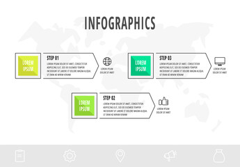 Vector infographics design template with arrows. Three steps. Modern line concept can be used for diagram, workflow layout, presentations, chart, info graph, timeline, content. Data visualization.