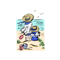 Kids on beach in straw hats who protecting from sun. Joyful childhood moment summer vacation. Couple on seashore. Items for playing in the sand. Brother and sister or friends look at horizon. 