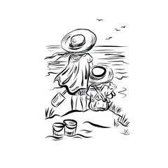 Kids on beach in straw hats who protecting from sun. Joyful childhood moment summer vacation. Couple on seashore. Items for playing in the sand. Coloring book