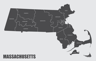 Massachusetts County Map - obrazy, fototapety, plakaty