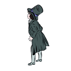Boy in vintage style clothes. Gentleman dressed in top hat and tailcoat. Flat cartoon baby figure isolated on white background. 