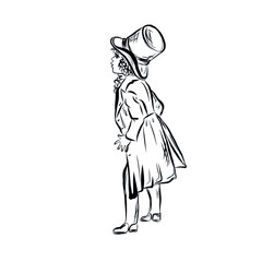 Boy in vintage style clothes. Gentleman dressed in top hat and tailcoat. Flat cartoon baby figure isolated on white background. 