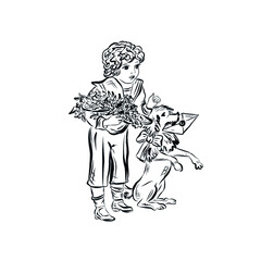 Engraving sketch of Boy with dog holding flowers and letter. Design for greeting card for birthday, Valentine's Day.