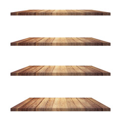 4 Wood shelves table isolated on white background and display montage for product.