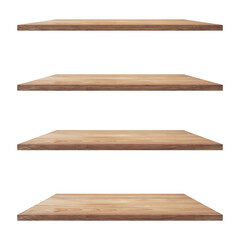 4 Wood shelves table isolated on white background and display montage for product.