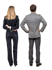 Back view of business woman and business man in suit.