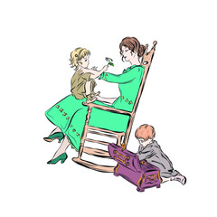 Mom sitting on rocking chair nurses one-year-old daughter. Boy sitting on the floor opens vintage chest. Woman in green dress in vintage style. Adorable children playing. 