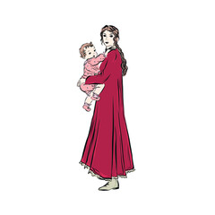 Mom and newborn. Adorable maternity. Woman holds baby in her arms. Elegant lady embraces infant. Family parenthood concept. 
