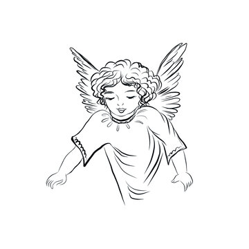 Cherub. Baby heaven with wings. Symbol of Bible. Christian Mythology. Angel flies. Linear drawing. Statue god. Great design for Christmas, Easter, Wedding, Birthday