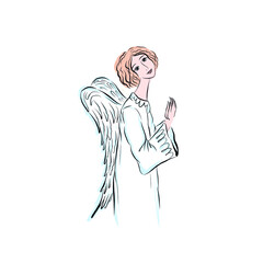 Angel prays to God. Divine heavenly symbol of the guardian angel of man. Character from Bible, Gospel. Design for Christmas and Easter. Adorable child with wings isolated on white background.