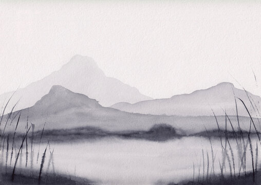Watercolor painting with asian mountains, river & long grass. Minimalist hand drawn oriental style landscape with layers of rocks. Concept for decoration, relaxation, restore, meditation background.