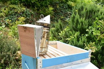 ARNIA con AFFUMICATORE. Ricovero artificiale dove vivono le api,  contenitore in legno di abete,  all’interno del quale le api costruiscono i favi. All'interno vi è il foglio cereo del telaio da nido