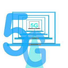 translucent teal colour electromagnetic ray passes through personal computers trackpads, on primary and last monitor abbreviation of fifth generation telecommunication system manifests itself 