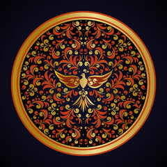 Round plate with an ornament of red and gold stylized floral elements in Russian folk style Khokhloma