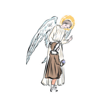 Guardian angel and baby. Man with golden halo and wings. Design for religious holidays - Easter, Christmas.