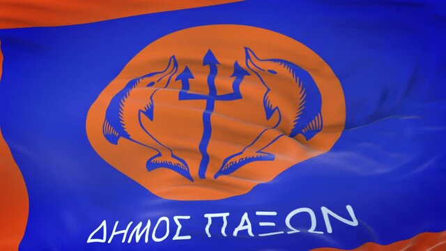 Paxi Island (region in Greece) flag waving in the wind with highly detailed fabric texture. Seamless loop