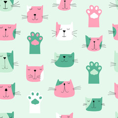 Cat background, seamless pattern. Vector flat illustration. Cartoon cat characters seamless pattern. Different cat`s poses and emotions set.