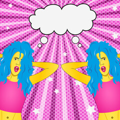 Young surprised twins with omg wow shock expression, wearing blue hair, holding head. Vibrant bright stripes, rays, dotted polka dot pop art background with a speech bubble text box