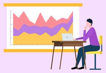 Office worker analysing information on whiteboard vector, infocharts and flowchart colored. Man with stats and plans statistical data flat style character