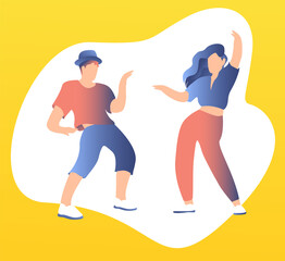 Stylish young guys dancing at a talent contest. Dancing at the party, the concept of outdoor activities. Bright background. Exciting music party, dancing friends character illustration.
