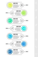 Vector infographics design template with arrows. Seven steps. Modern line concept can be used for diagram, business, web, banner, workflow layout, presentations, chart, levels. Data visualization.