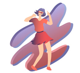 Young beautiful girl with blue hair is dancing in headphones. Woman in a skirt in motion. Concept of dancing to the music, fresh design. 