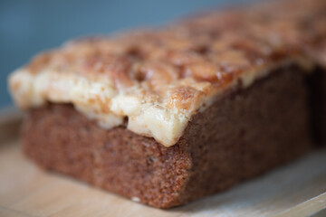 Close up image of walnut toffee cake