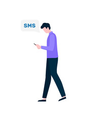 Male walking with phone in hands vector, man using smartphone flat style, character messaging and texting, user of cellular communication, mobile service