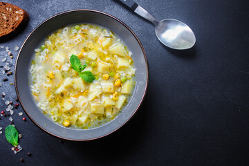 soup vegetables, pasta alphabet, peas, corn Menu concept healthy eating. food background top view copy space for text keto or paleo diet