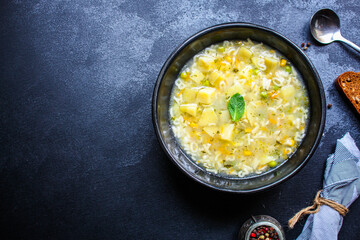 soup vegetables, pasta alphabet, peas, corn Menu concept healthy eating. food background top view copy space for text keto or paleo diet
