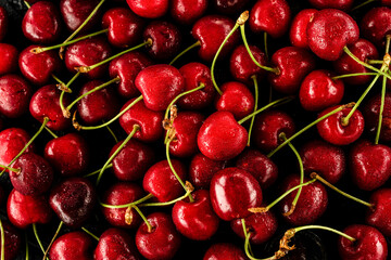 texture of juicy cherries with water droplets and green tails on a black background