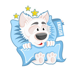 Character white dog in the bed with book under the pillow in cartoon style on white.