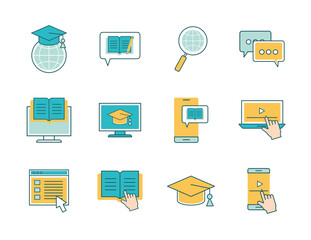 line and fill style icon set design, Education online and elearning theme Vector illustration